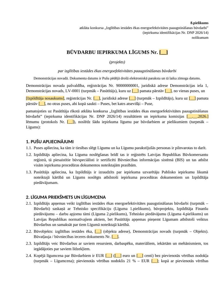 First page of the draft construction contract