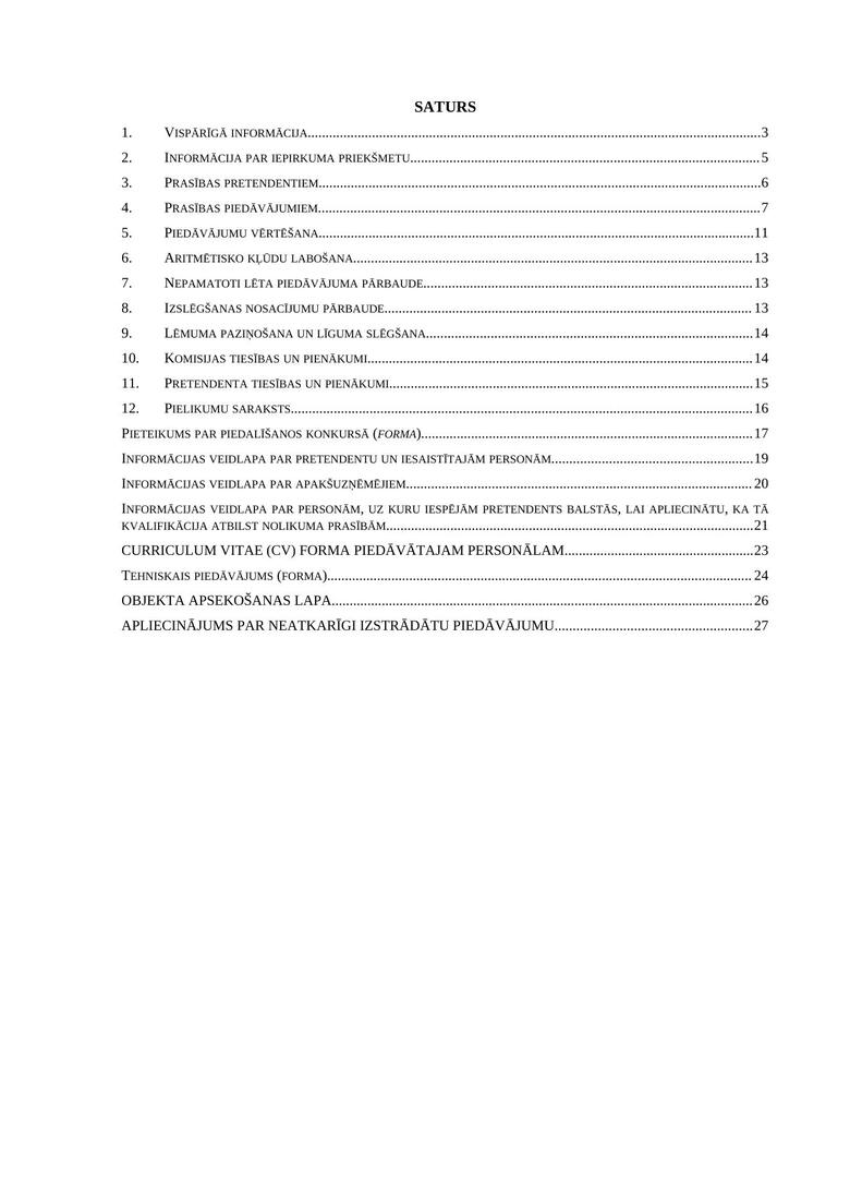 Table of contents of the tender regulations, with 12 sections and annex forms
