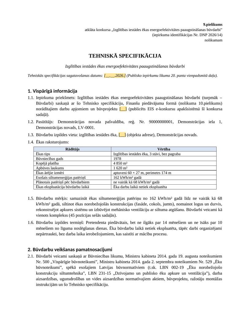 First page of the technical specification, describing the building